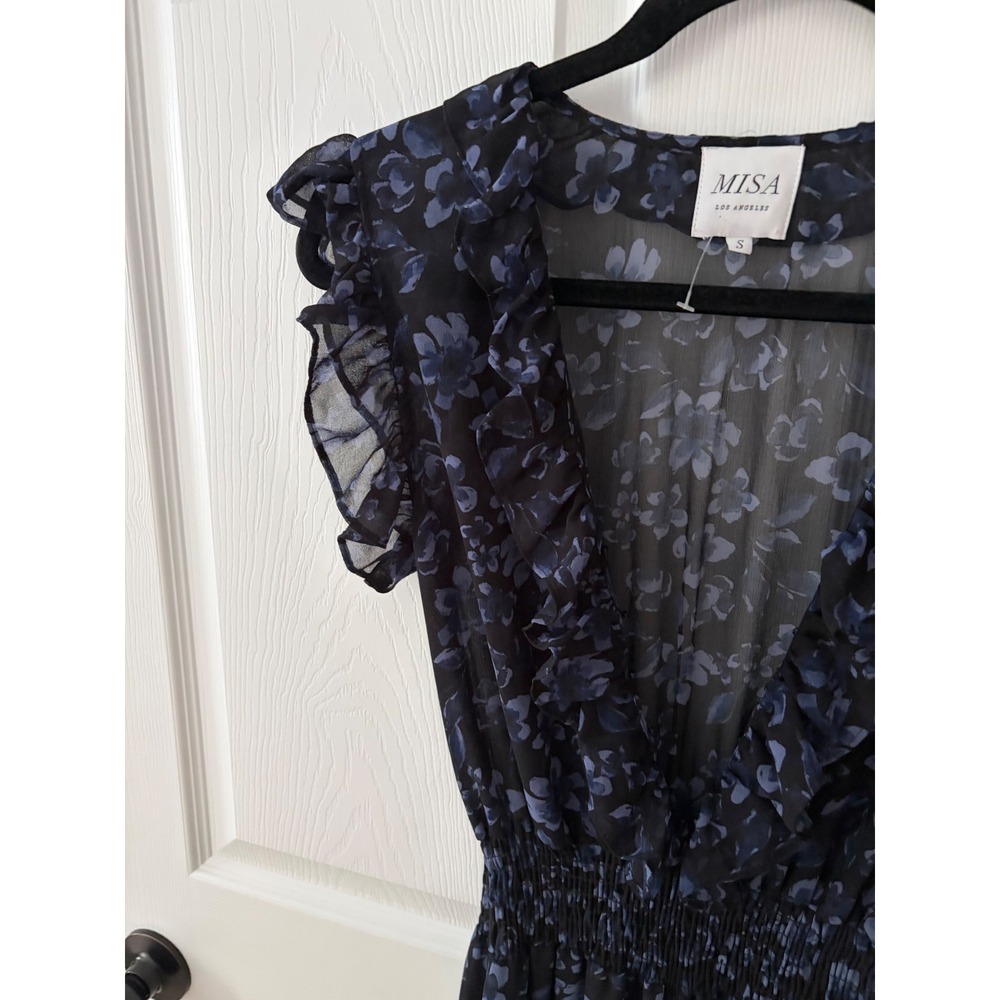 MISA Los Angeles Women Black Blue Floral Ruffle V-Neck Smocked Midi Dress Small - Picture 2 of 3